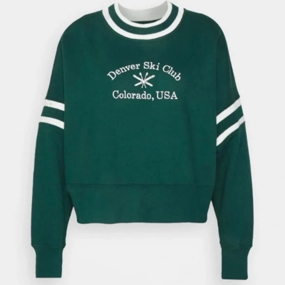 Abercrombie & Fitch Green Ski Crew Neck Cropped Sweatshirt NWOT